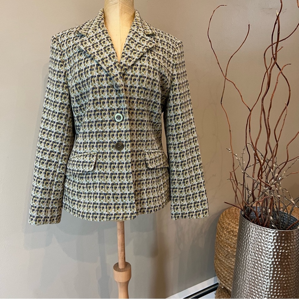 Talbots Green Pink Tweed Blazer Jacket Wool Blend USA Made 4 Petite Boucle